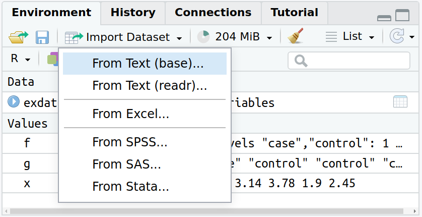 Tabs in the upper right panel: Environment, Environment/Import, History