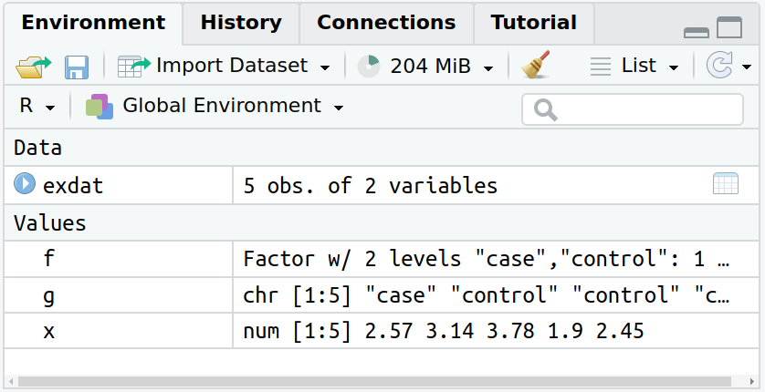 Tabs in the upper right panel: Environment, Environment/Import, History